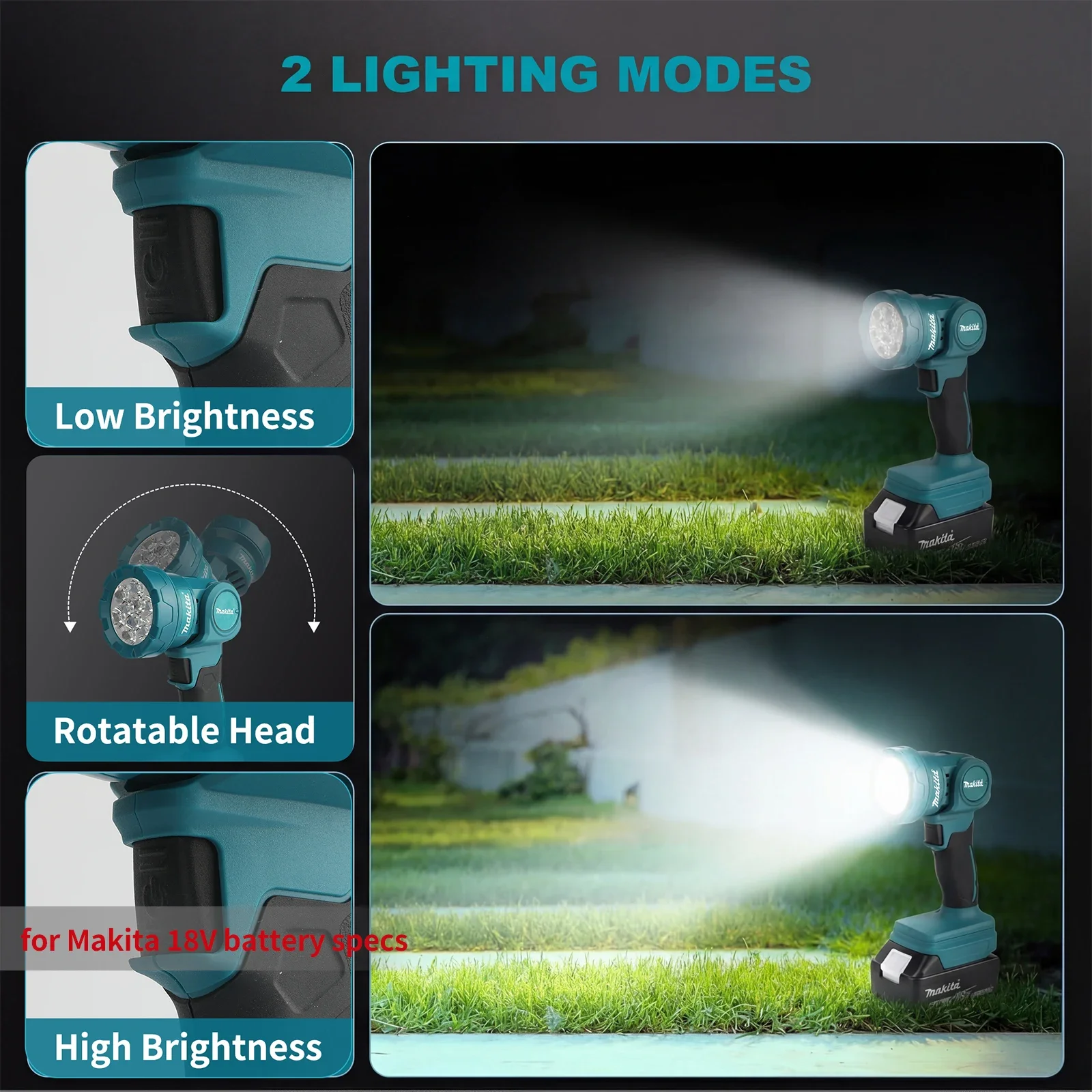 For Makita ML815 LED Cordless Work Flashlight,9 LED Beads,Big Angle Rotation,Two-Position Adjustment Portable Hand Held Lamp