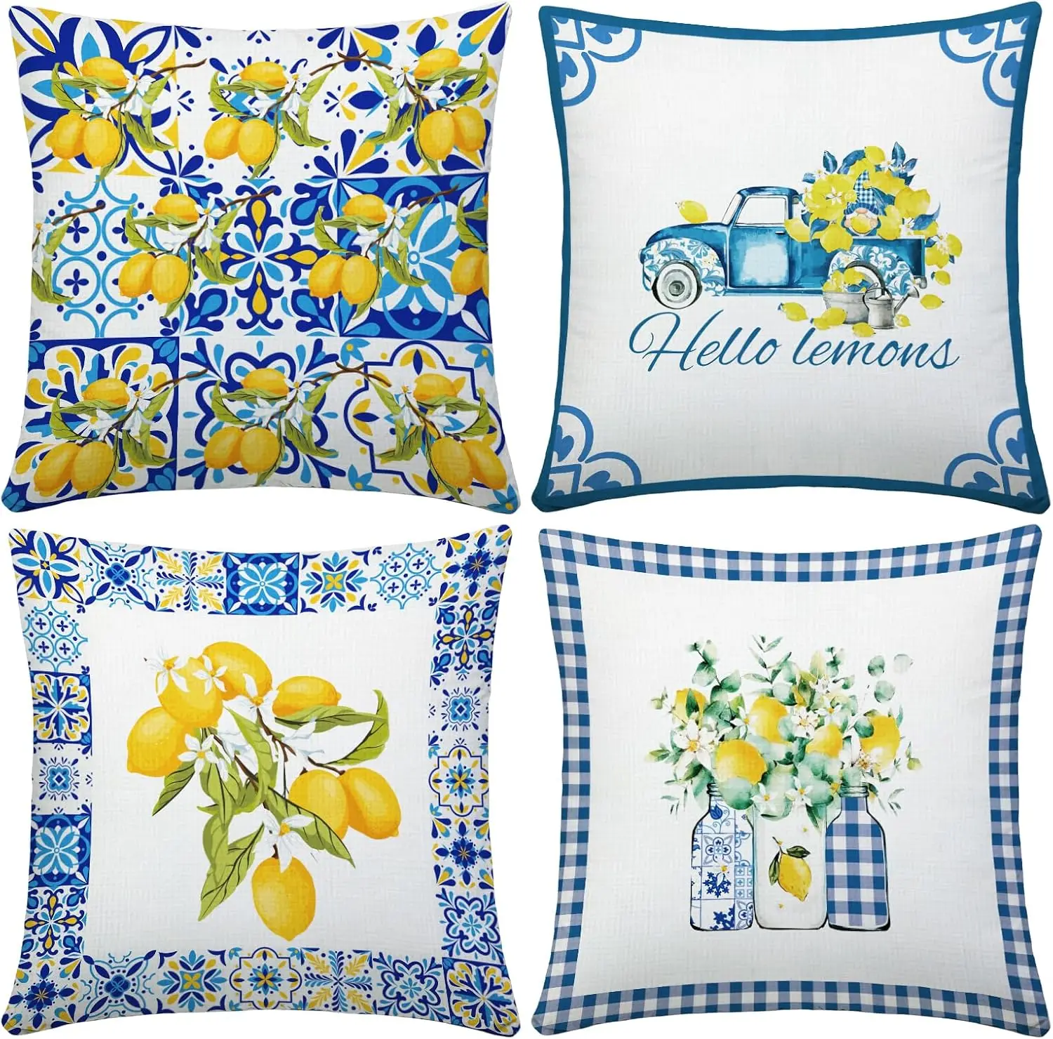 Bright Lemon Yellow Blue Coastal Mediterranean Throw Pillow Covers 4 Piece Set Polyester Home Decor Cushions