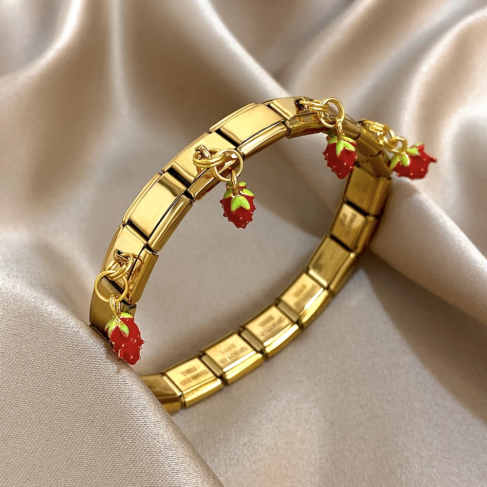 DODOHAO Strawberries Charms Bracelets Gold Color Watch Band Bracelets Sweet Wraps Bracelets Magnet Clasp Stainess Steel Jewlery