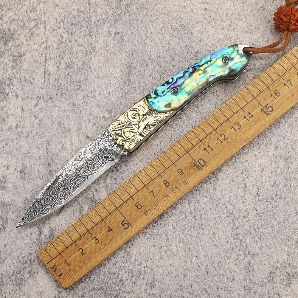 

VG10 Damascus Blade High Hardness Knife Folding Color Shell Handle Survival Knife Outdoor Camping Fruit Peeler With Gift Bag