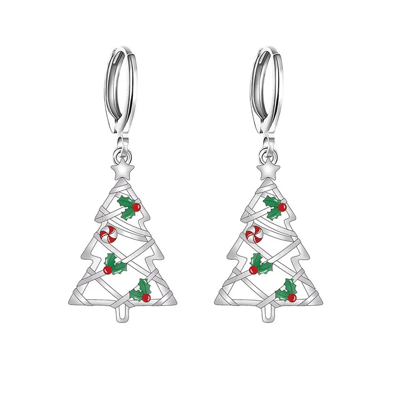 Pendientes de aro de plata esterlina 925 para mujer, aretes con forma de árbol de Navidad y copo de nieve, accesorios para regalos de navidad