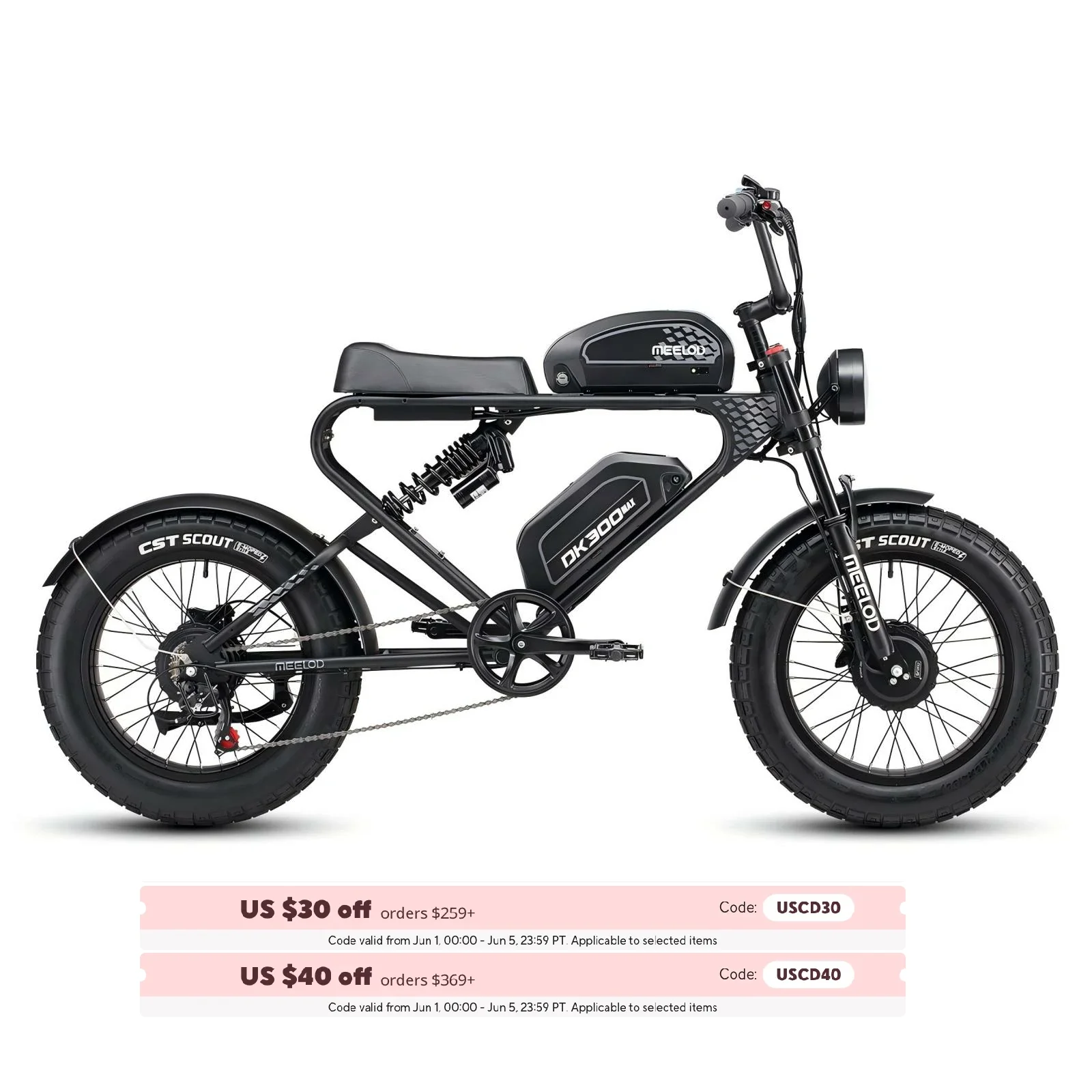 

MEELOD DK300 MAX 20" Retro Moped Style Electric Bike 750W(1200W Peak) Dual Motors 48V 20Ah Dual Batteries