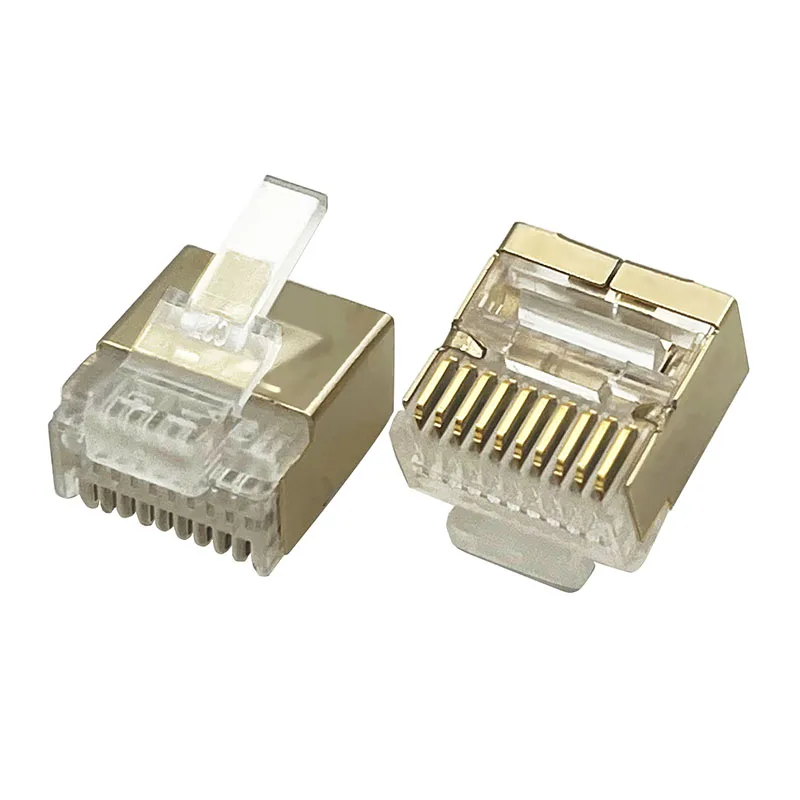 Flat shielded network cable connector with gold-plated 10P10C RJ45 plug, designed for flat cables, 30U gold-plated