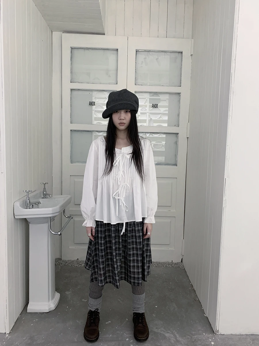 

Angproject825 Korean Sle Vintage Collar Bow Tie Pleated Lantern Sve Thin Long Sve Women's irt Loose Fit Cardigan