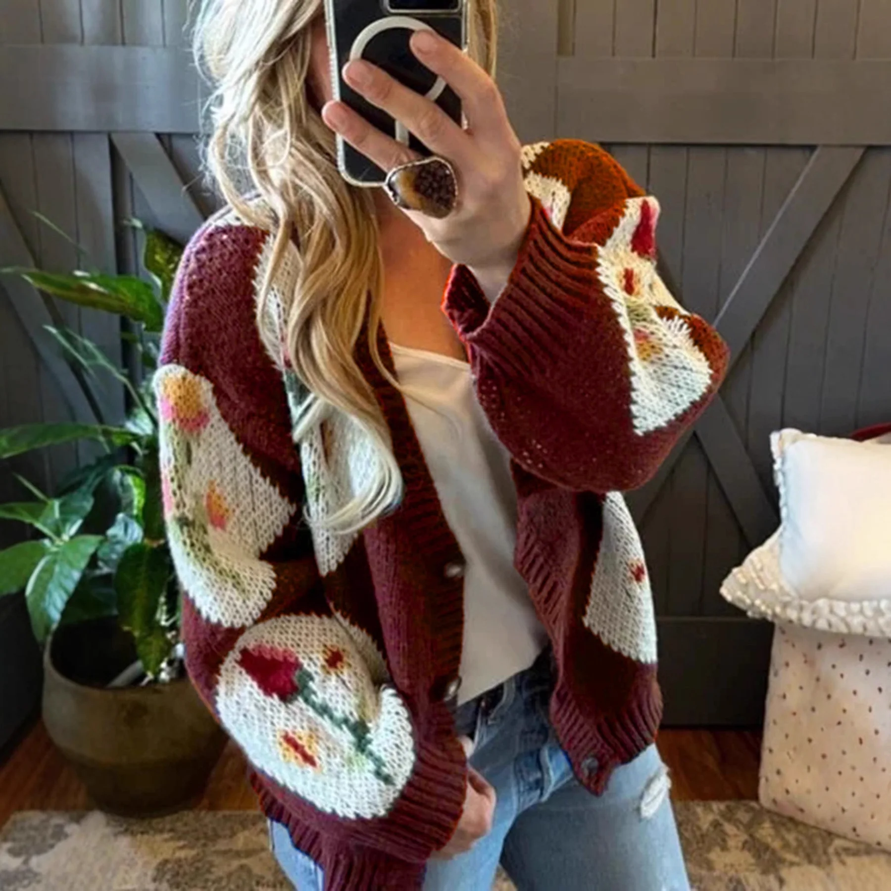 Sweet Flower Jacquard Women Cardigan Sweet Color Blocked Drop Shoulder Sweater For Female Versatile Single Breast Lady Knitwear