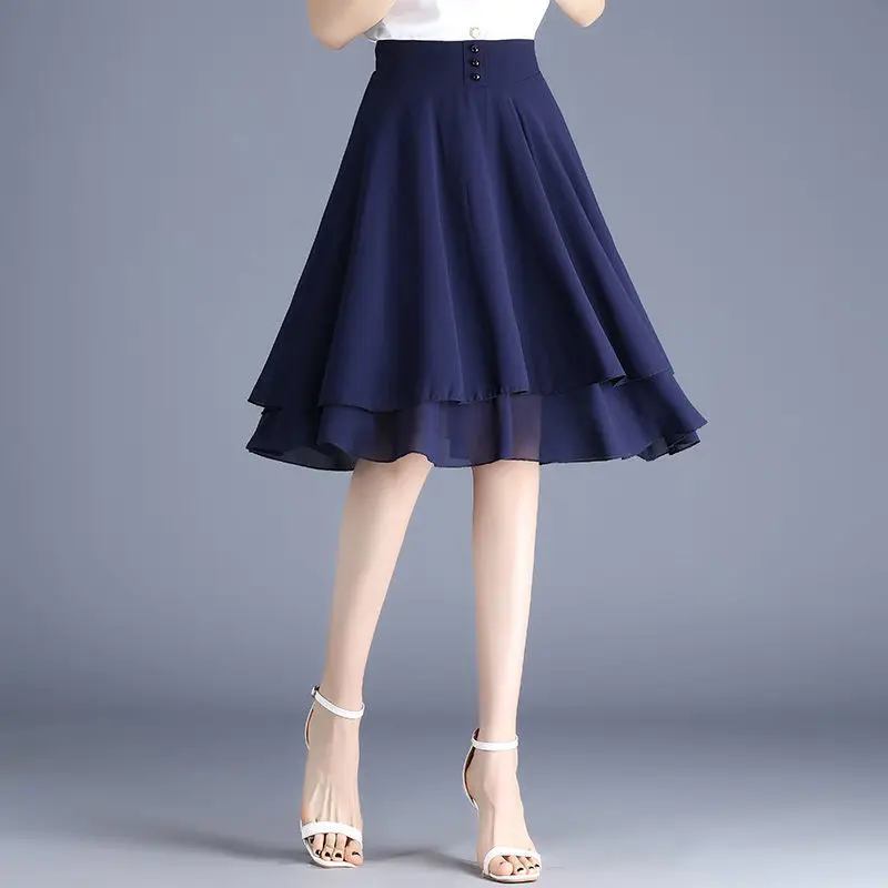Elegant Elastic Spliced Solid Color Chiffon A-Line Skirts Women's Clothing Summer New Loose Office Lady High Waist Skirts