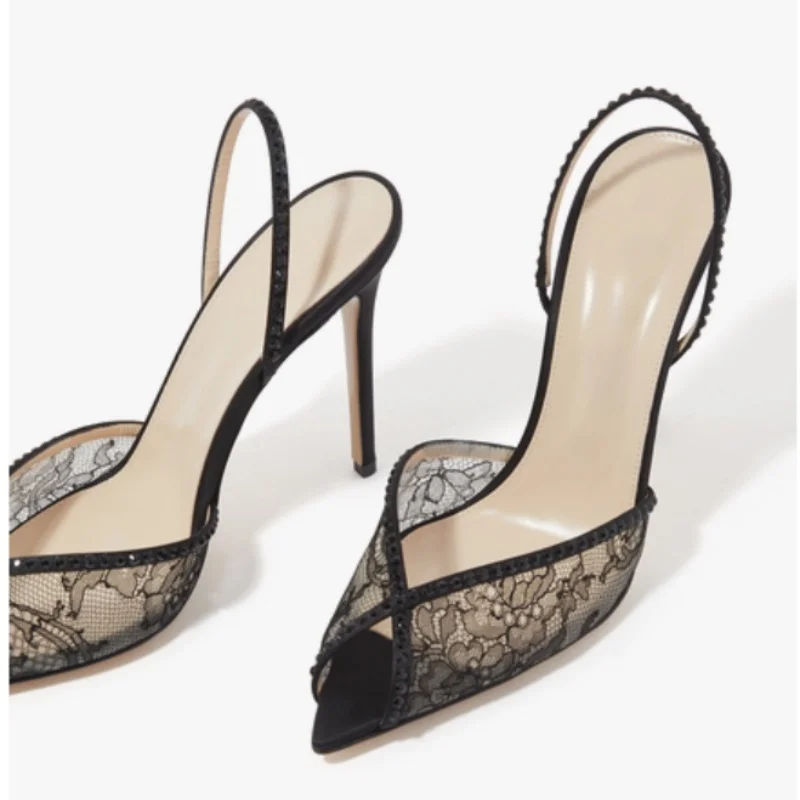 

Elegant Black Lace Pointed Toe Slingback Shoes Black Rhinestone Thin Heels Hollow Female Spring Autumn Dress Shoes