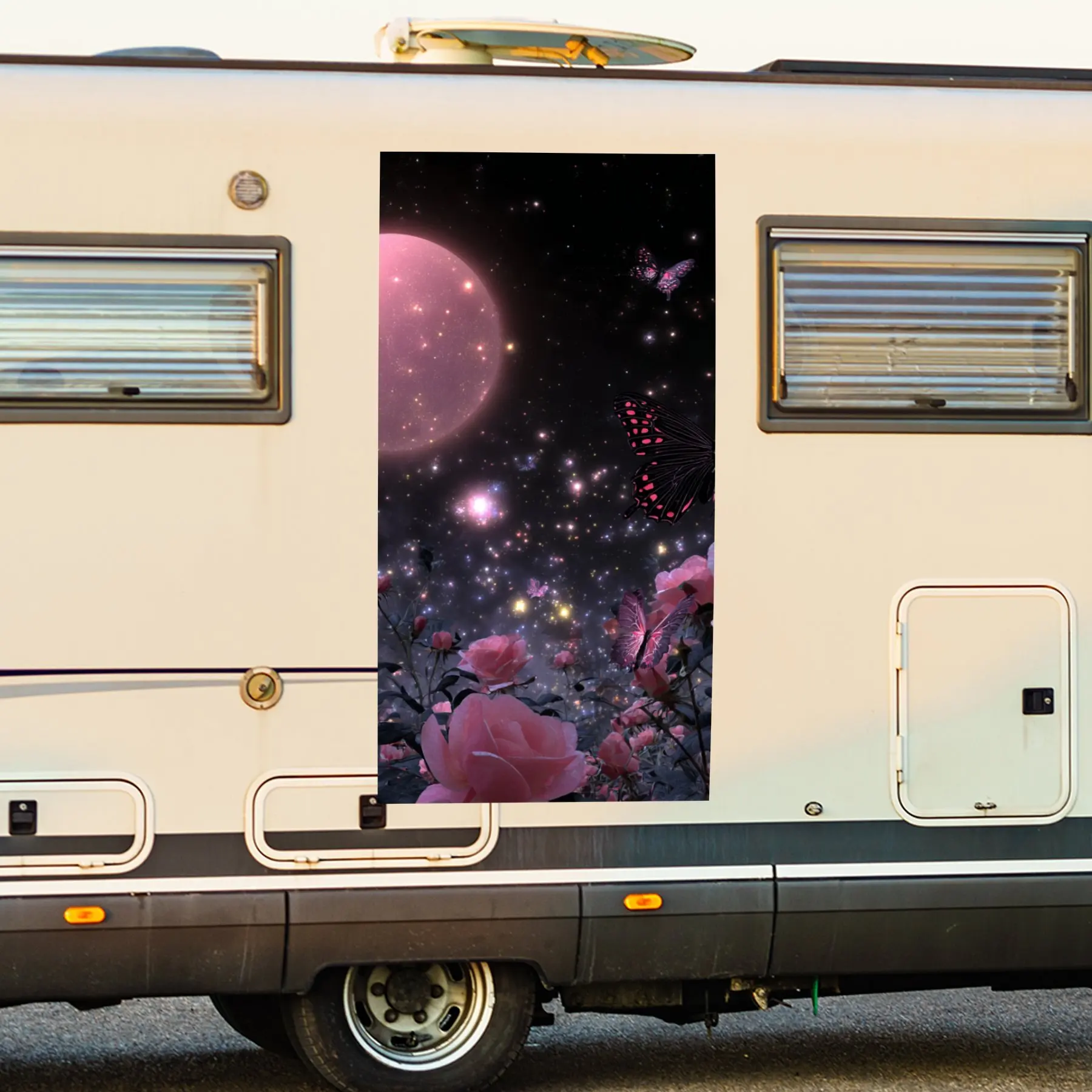 

Мечтательная розовая луна и роза с бабочками, водонепроницаемая виниловая наклейка для стороны автофургона, самоклеящиеся наклейки для украшения и защиты дома на колесах