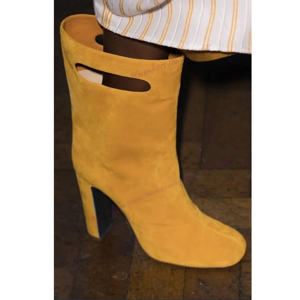 

Yellow Suede Chunky Heels Ankle Boots Round Toe Shoes for Women Solid Color Runway New Style Shoes 2023 Zapatos Para Mujere