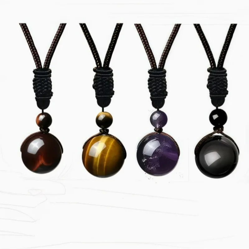 

Natural Crystal Ball Pendant Necklace Tiger Eye Obsidian Amethyst Round Bead Necklaces for Women Men