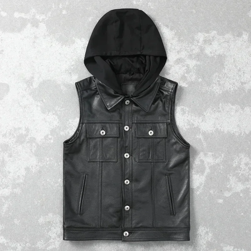 Black Vintrage Brown Genuine Cow Leather Vest Men Fashion Slim Cowhide s Motor Rider Hooded Sleeveless Jacket