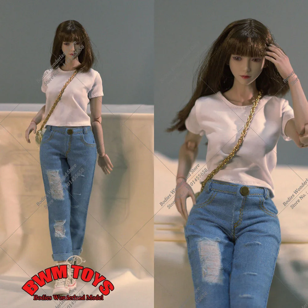 

DMTOYS 1/6 Scale Women's Casual Clothes Set White T-shirt Hole Jeans Model for 12Inche Female Action Figure Body Doll