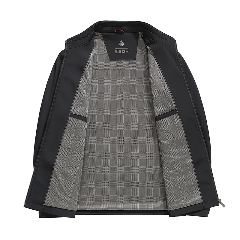 2025 Autumn Men Black Jacket Stand Collar Zipper Open Design Essential Coat Smart Casual Business Office Daily Excutive Outfits