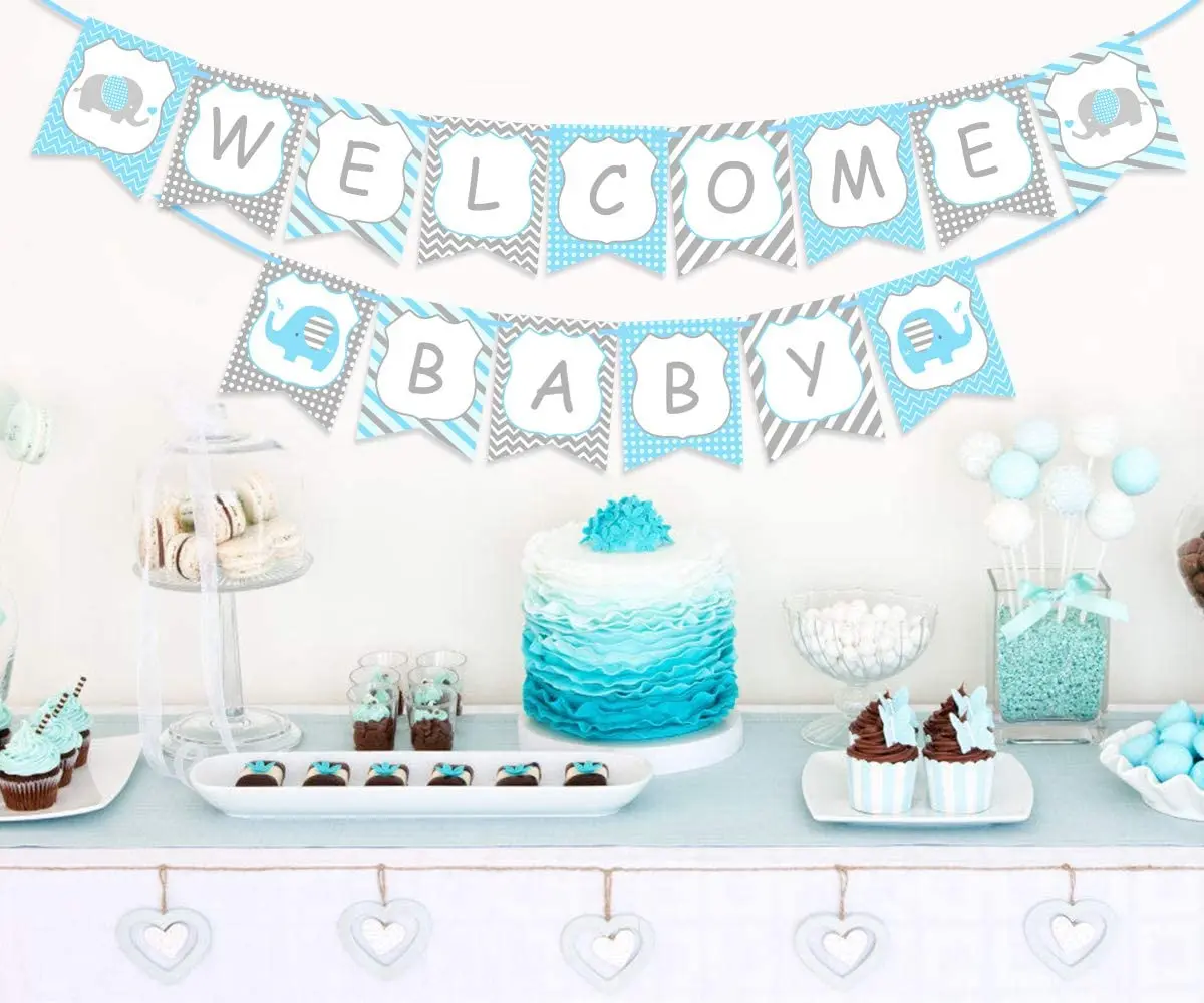 Funmemoir Elephant Baby Shower Decoration Welcome Baby Banner Garland for Boys and Girls Baby Shower Party Decorations Supplies