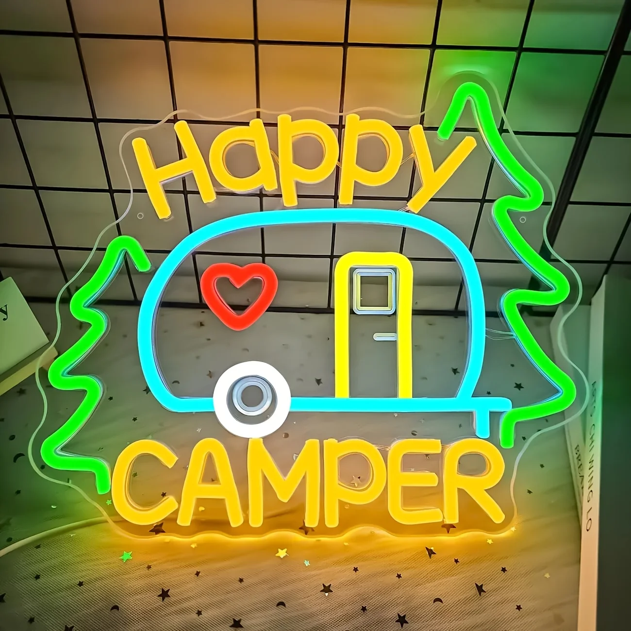 

Happy Camping Неоновый свет с питанием от USB, светодиодный настенный декор для кемпинга, идеально подходит для автофургона, спальни, человек, пещерный подарок для друзей, кемперов