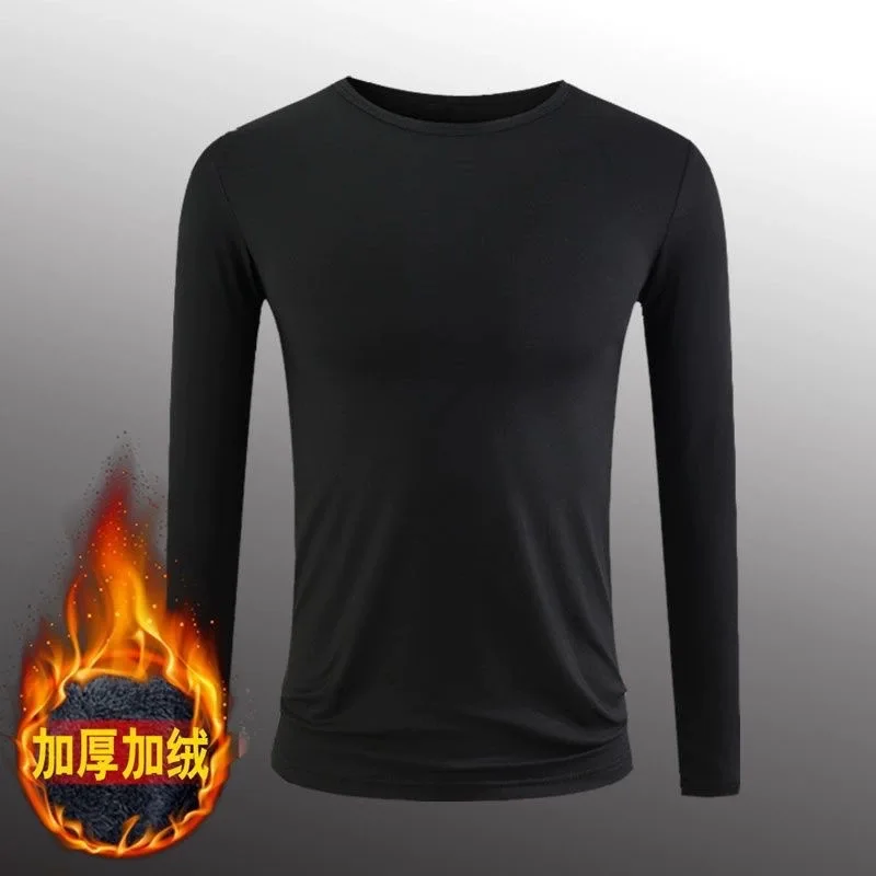 Men's Crew Neck Thermal Tops Winter Lightweight Fleece Lining Large Size Warm Tight Elastic Tshirt Sporty Gym Base Shirt M-5xl