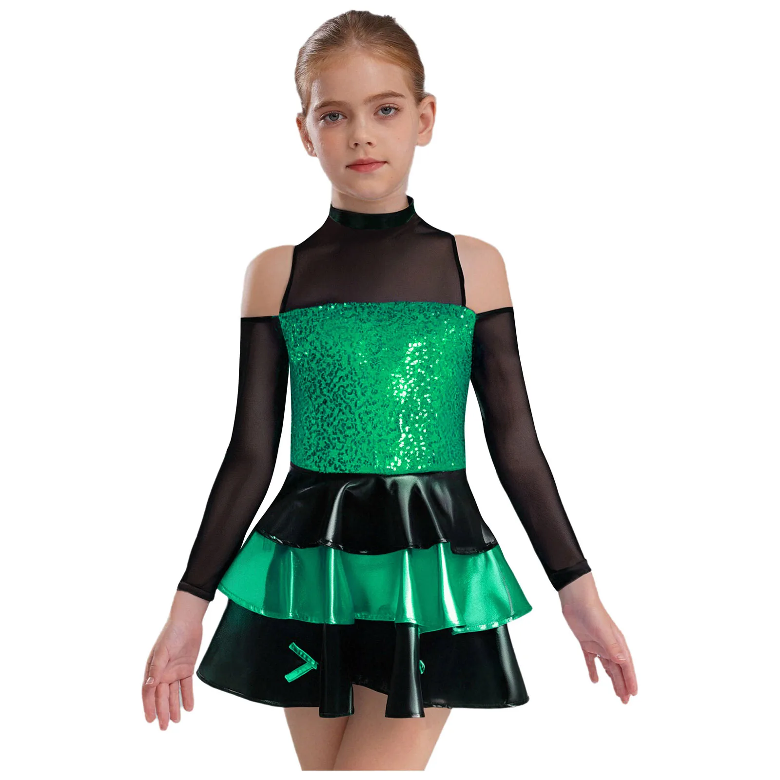 

Kids Girls Figure Skating Jazz Dance Dress Long Sleeve Shiny Sequin Tiered Ruffled Leotard Ballet Gymnastics Performance Costume