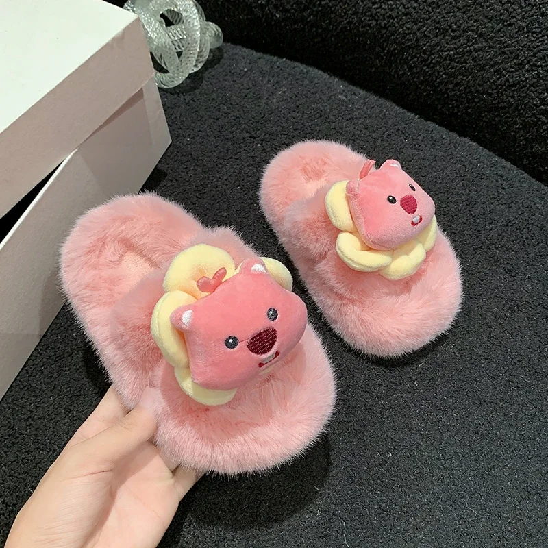 Pink/Black Girls One  Line Slippers with Teddy Bear Flowers Flat Heel Suede Anti Slip Warm Winter Home Casual Slippers De Mujer