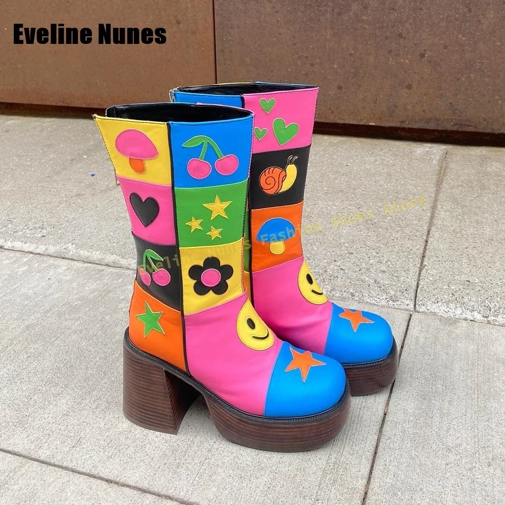 

Women Y2K Knee High Boots Trend Cute Pattern Splicing Platform Fashion Boots Round Toe Chunky Heels Zipper Closure Mixed Colors