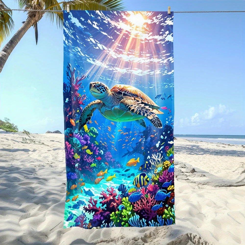 Sea Turtle Beach Towel - Colorful Coral Reef & Tropical Fish Print, Soft Microfiber Quick Dry Sand-Free for Travel Pool Summer