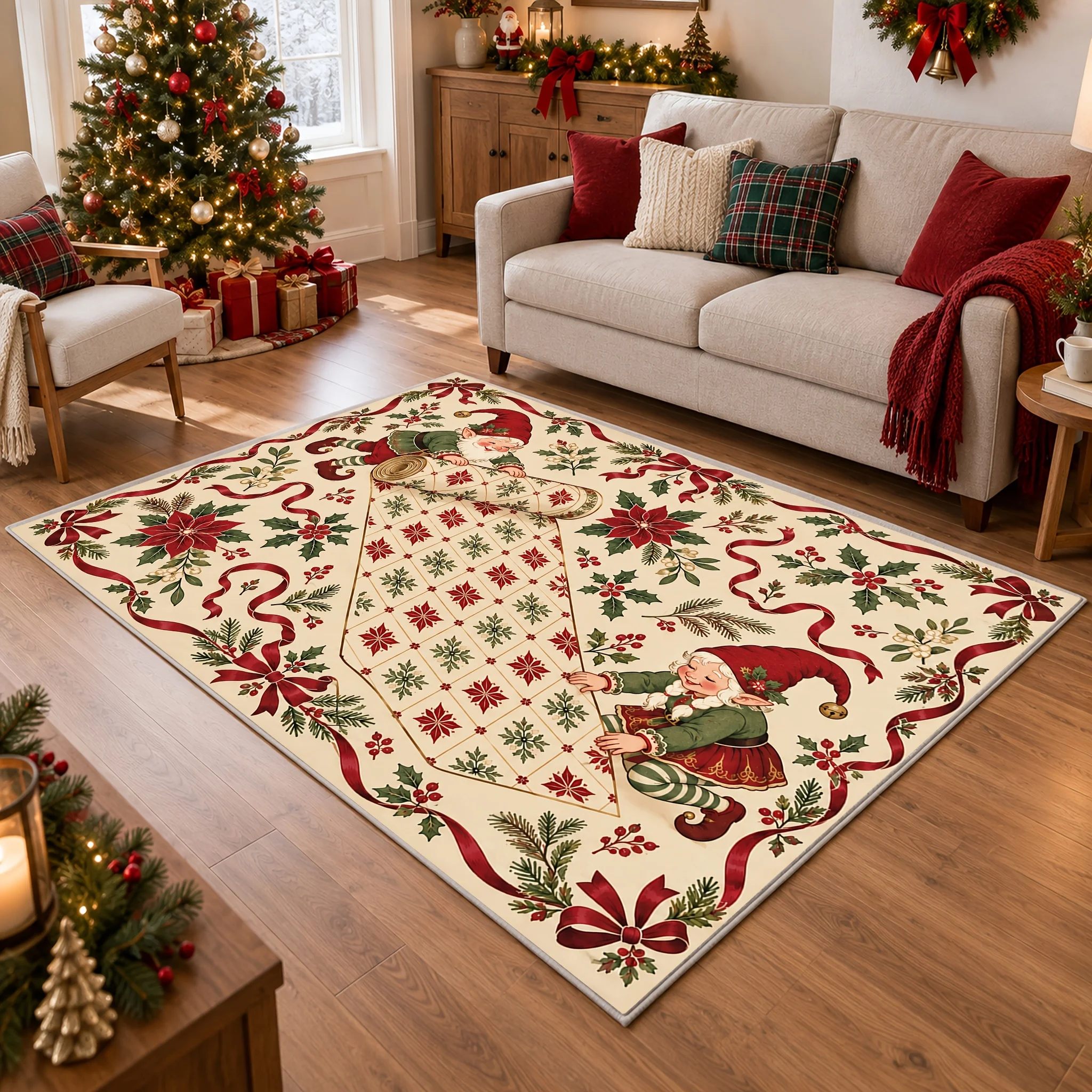 1pc Christmas Elf Scroll Pattern Area Rug, 2D Flat Print, Indoor Floor Mat for Living Room, Xmas Home Decor