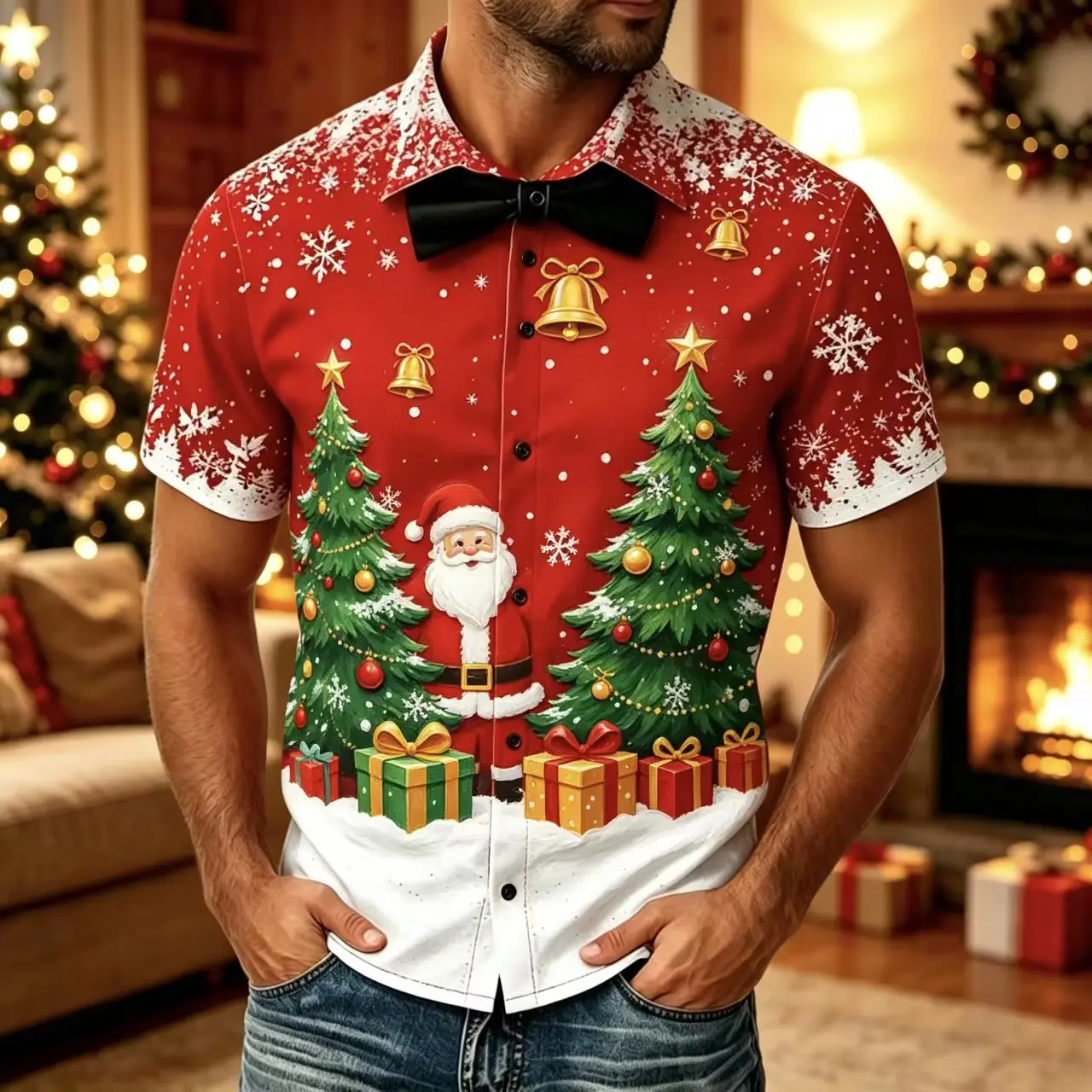 Men Christmas Short Sleeve Shirt Santa Xmas Tree Gift Bell Print Button Up Shirt, Holiday Party Casual Top