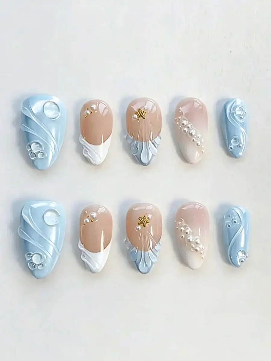 

10pcs/Set: Summer Theme White Pearl Floral Acrylic Applique Nail Art, Medium-Long Almond Shaped Fake Nails, Perfect Manicure Sup