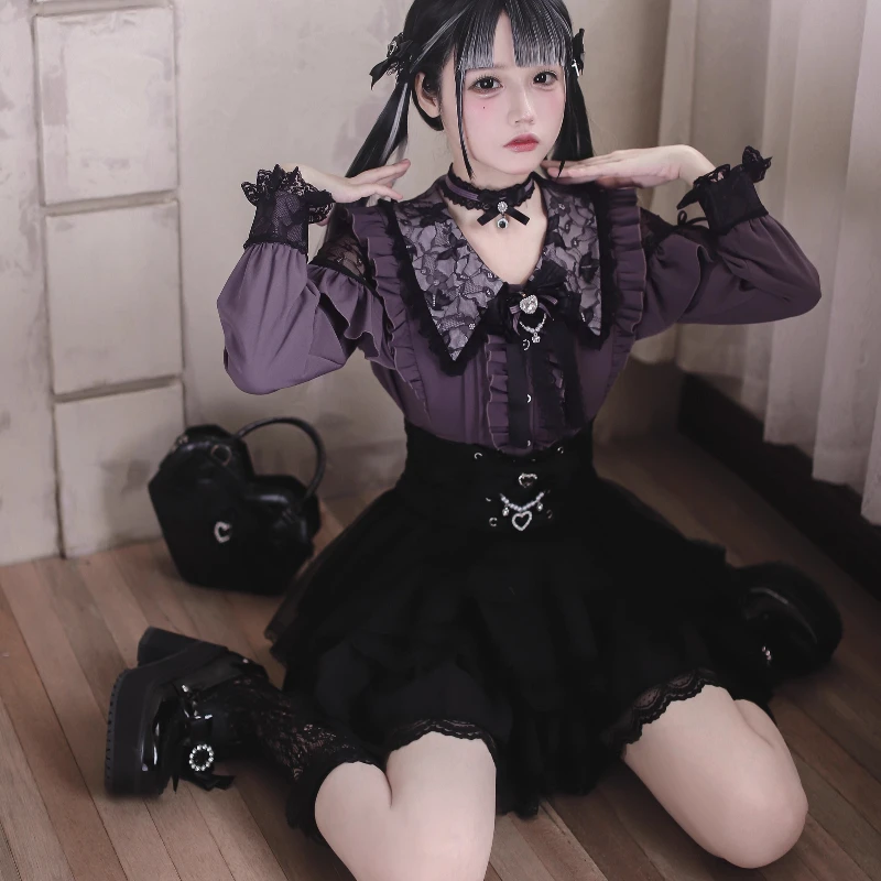 2026 Japanese Kawaii Lolita Skirt Sets Women Sweet Lace Off Shoulder Bow Blouse High Waist Mini Skirt Gothic Y2k JK Uniform Suit image 5