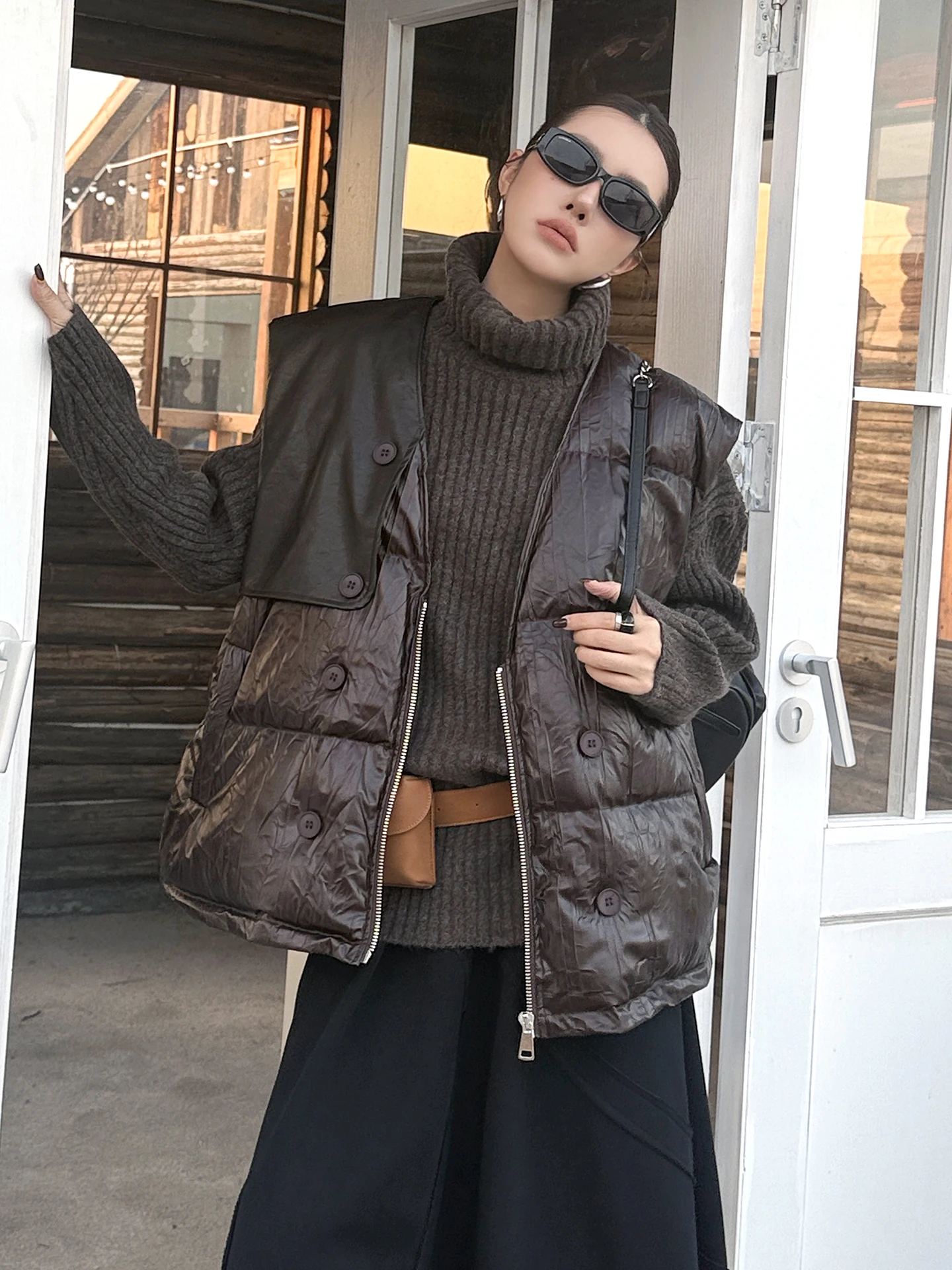 

Street Sle Thiened ort Хлопковый жилет Женский свободный теплый жилет из искусственной кожи Faionable Cotton Jaet Svel V-Ne