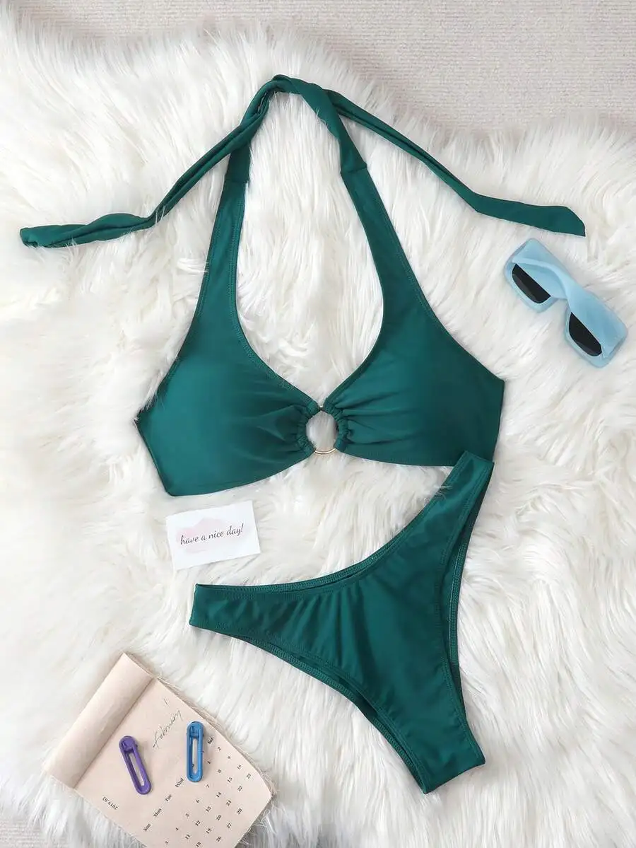 

Elegant Halter Neck Solid Color Bikini Set For Beach Vacation Summer Swimwear