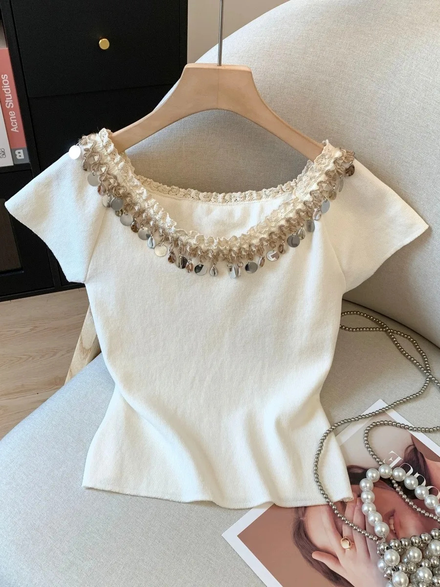 

n Ice Silk ort Sve Knitted Top Women Summer One oulder Sequin ell Fringe Decoration Unique Small Batch Top