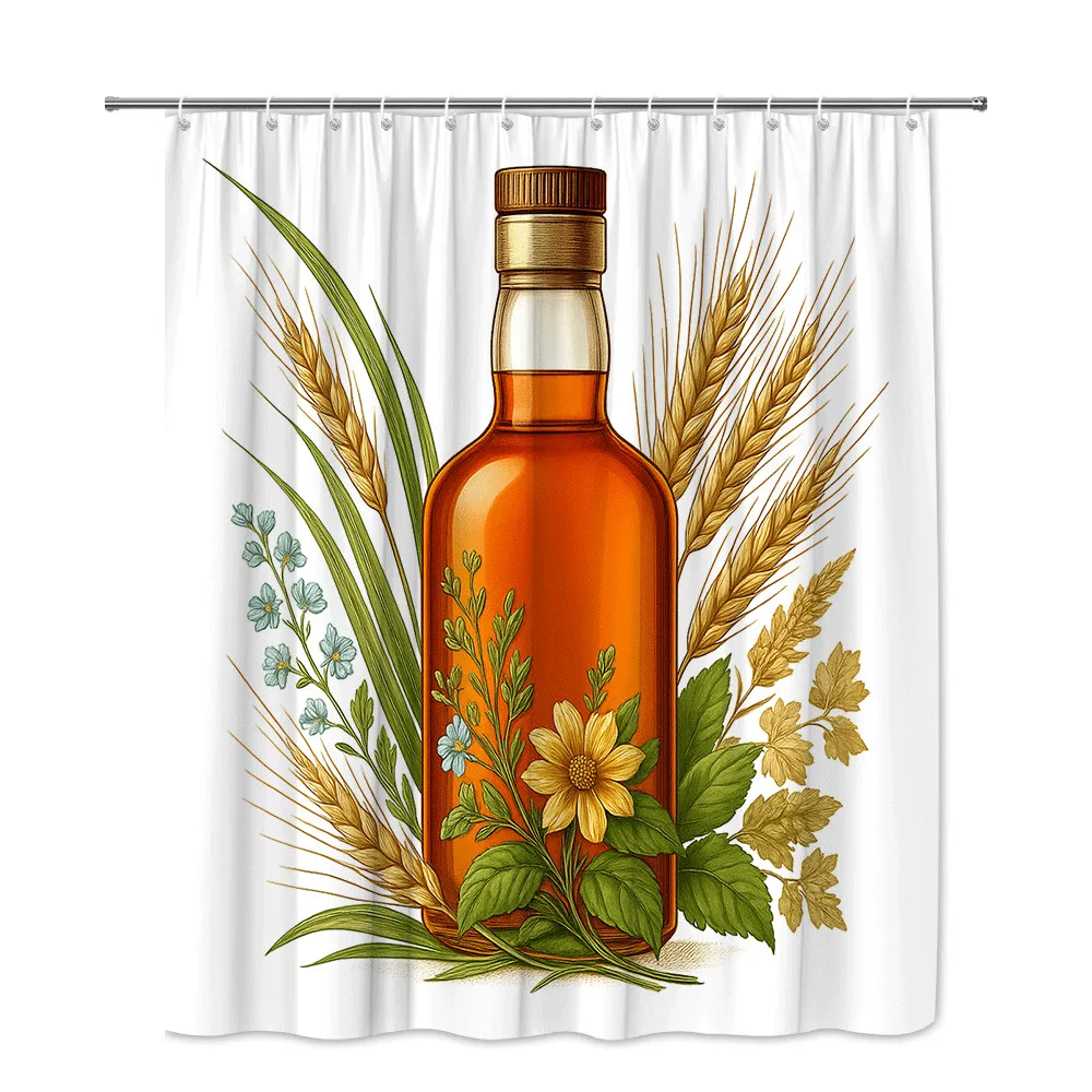 Whiskey Bottle and Wheat Plant Shower Curtain Machine Washable All Season Waterproof Privacy Protection Vintage Design Rustic