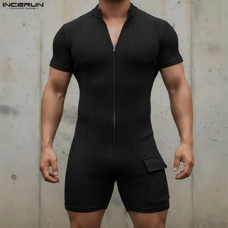 INCERUN Men Bodysuits Solid Color Short Sleeve Knitted Zipper Playsuits Male Rompers 2026 Summer Workout Casual Men Bodysuit image 2