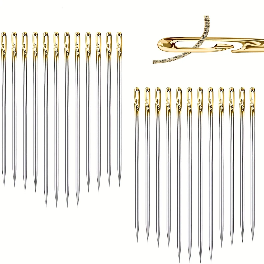 12pcs Self Threading Needles Easy Threading Needles with 1pcs Wooden Needle Case for Storing Handmade Sewing Embroidery