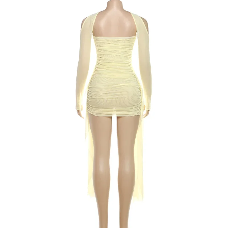 Scialle a maniche lunghe Nastri Maglia trasparente Increspato Aderente Mini abito Senza spalline Backless Guaina Night Clubwear Party Robe Abiti