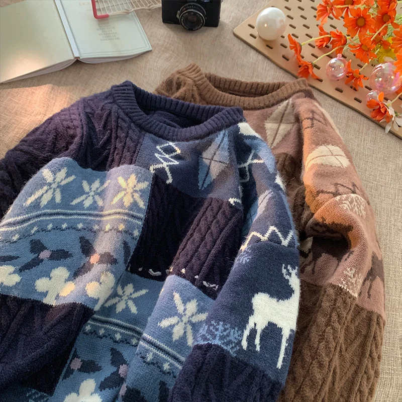 레트로 컬러 블록 니트 스웨터 남성용 가을 겨울 시사스 루즈 커플 매치 따뜻한 니트웨어 캐주얼 라운드 넥 롱 스웨터