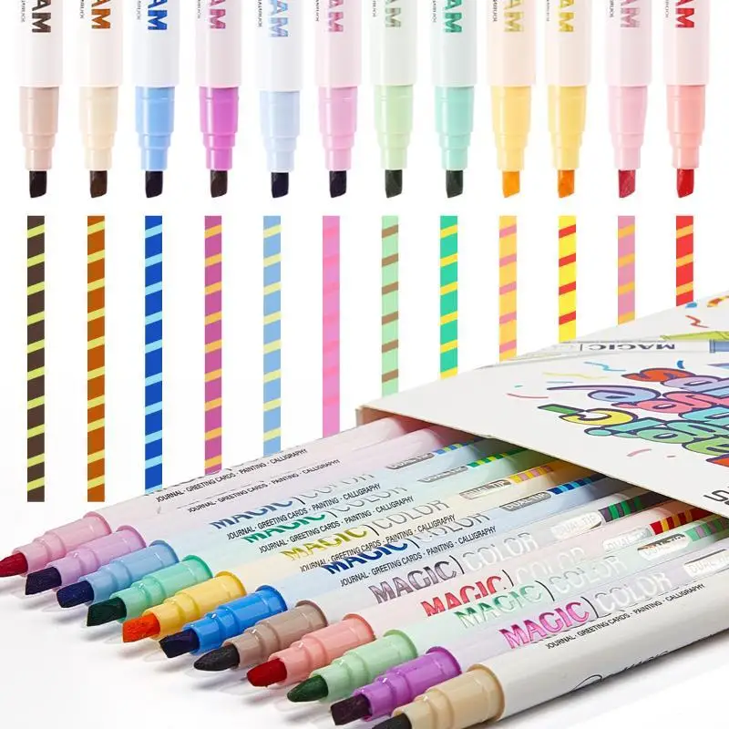 12pcs Double-ended Magic Color Changing Highlighter Pen Set, Student Diary Scrapbook Painting DIY Making, Classroom And Office