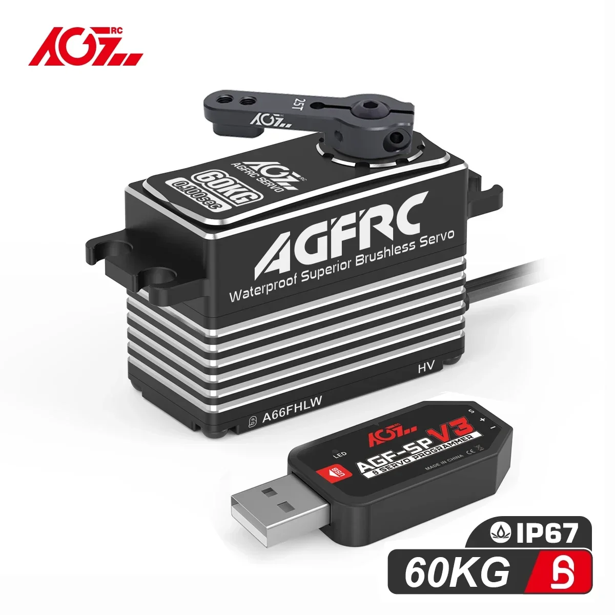 AGFRC-engrenagens de aço sem escova à prova d'água, A66FHLW, 60kg Super Torque, 0.100Sec, 4-Pole, Servo para a maioria dos carros RC, barcos, aviões, robôs