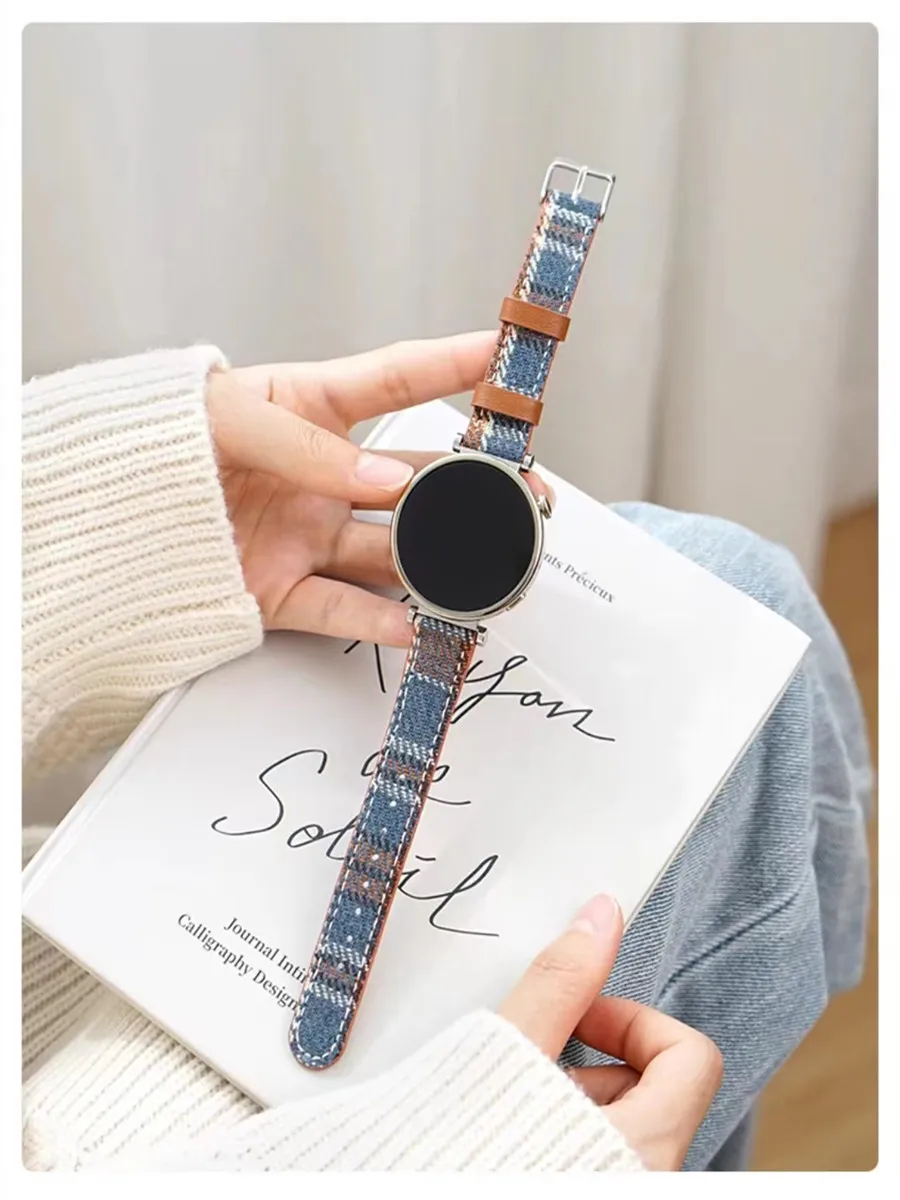 Plaid Pattern Leather Strap for Samsung Galaxy Active Watch3 4 5 6 40/44mm Autumn Winter Woolen Band for Huawei GT2/3/4 41/42/46