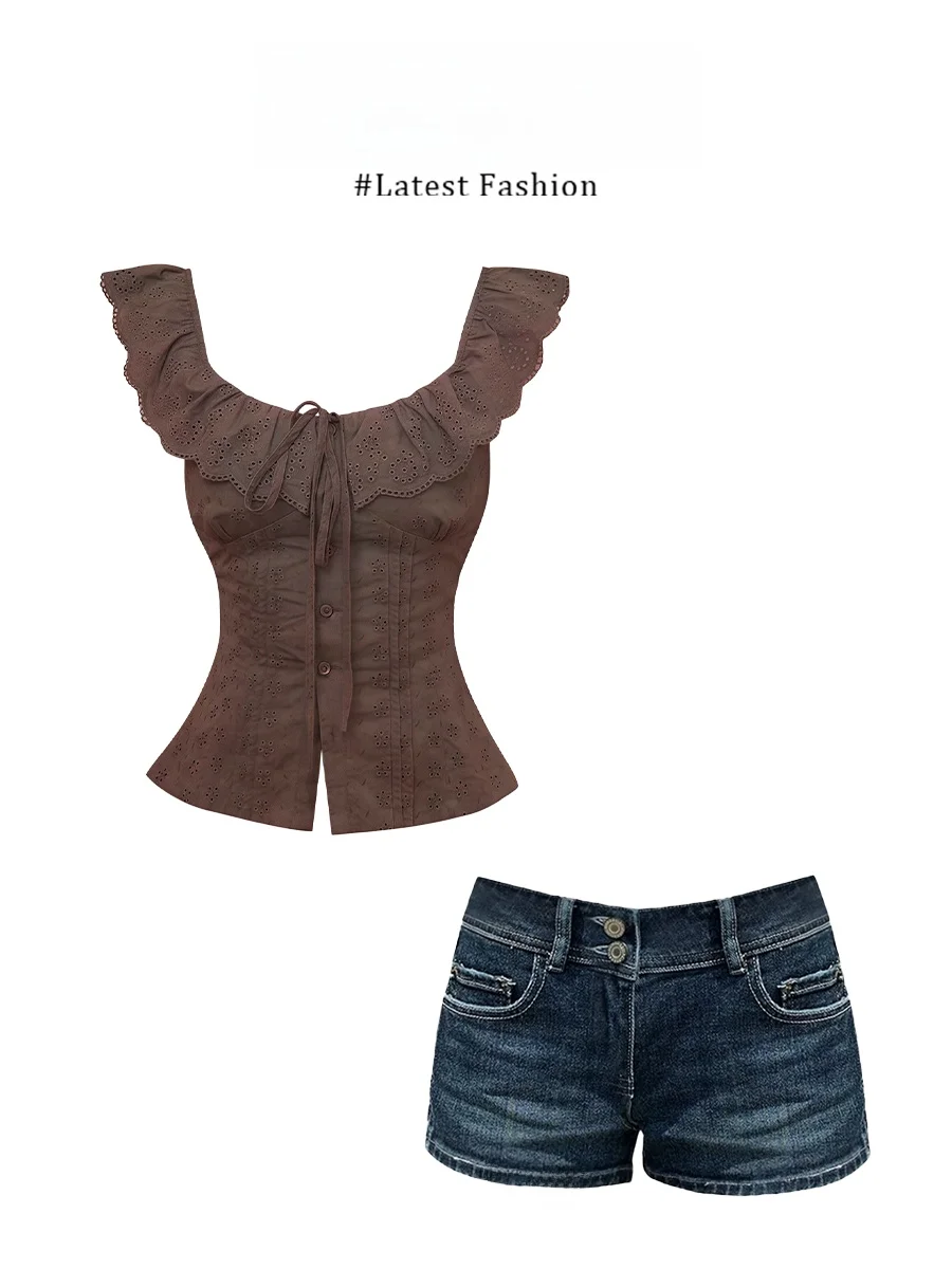 

Parkyeon Lace Trim Belted Shirt Denim Short Skirt Set Women's Fashion High Sensation Casual Style Summer Outfit Polyester Fiber