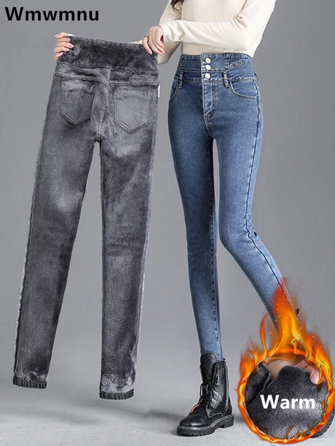 Damskie zimowe zagęszczone aksamitne spodnie jeansowe z podszewką Streetwear Casual ołówkowe dżinsy wysokiej talii ciepłe guziki Fly Stretch Vaqueros