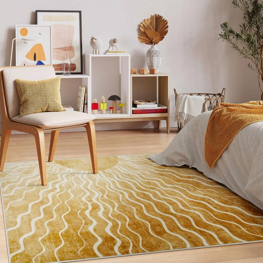 Градиентный желтый моющийся нескользящий тонкий ковер в стиле бохо для детской комнаты, 6x9