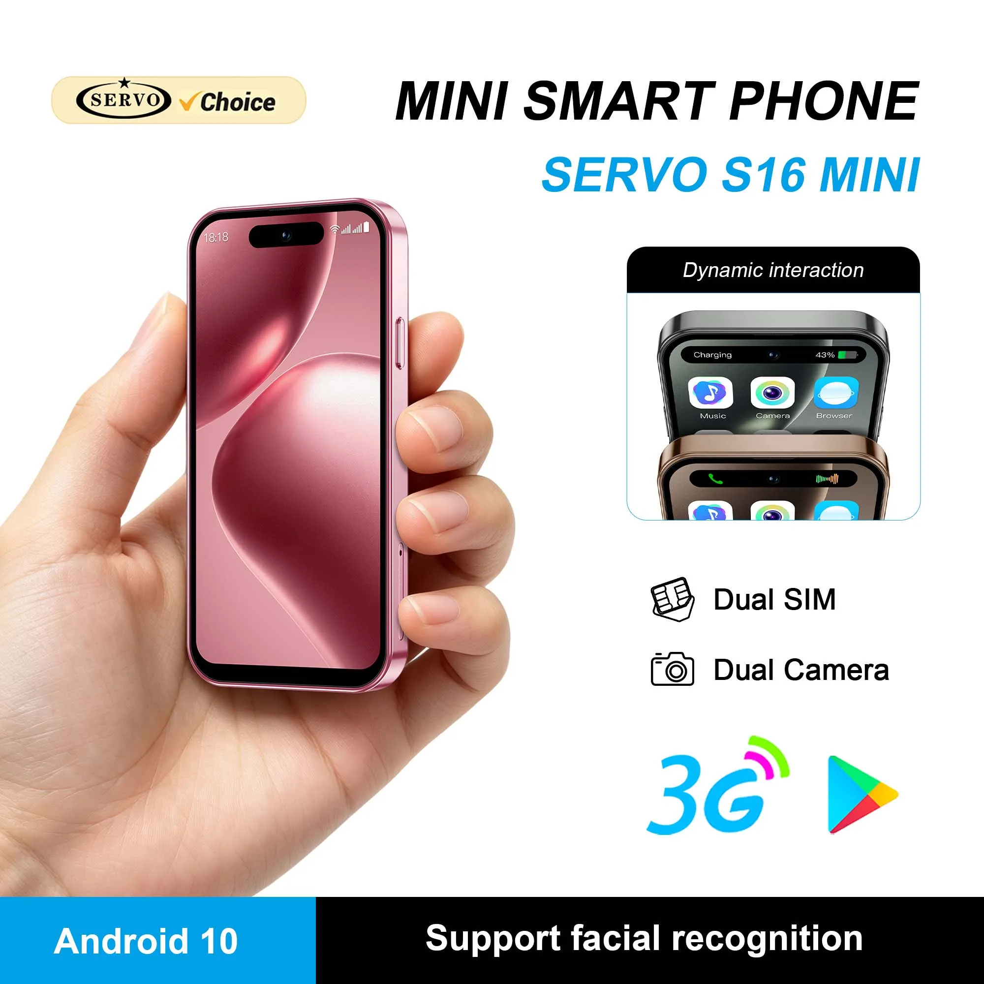 SERVO S16 Mini Smartphone Android 10 Dual SIM Face Unlock WiFi Bluetooth Play Store 3G Compact Touch Screen Cell Phone With GPS