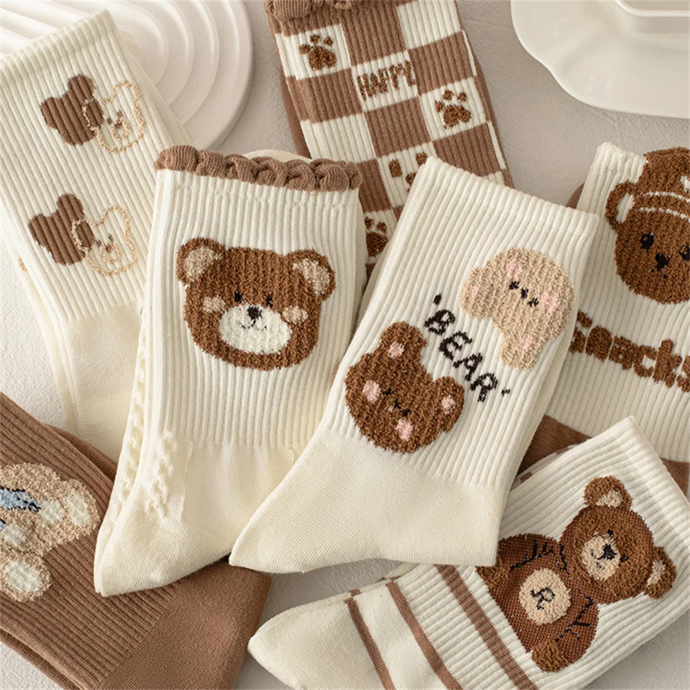 2Pairs/Set Brown Retro Cotton Socks For Women Autumn Winter New Fashion Thick Flower Cute Socks Female Casual Harajuku Socks