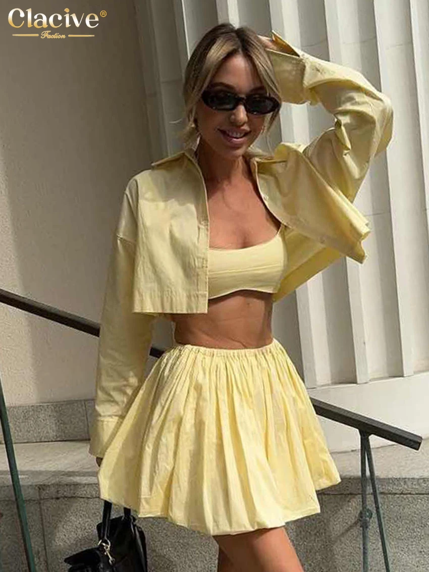 Clacive Fashion Loose Yellow Cotton Skirt Sets For Women 2 Pieces Elegant Long Sleeve Crop Shirt With High Waist Mini Skirts Set