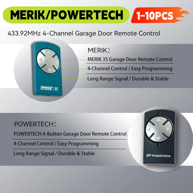 

433MHz Powertech PR2 PR1 PR4 Merik Rolling Code Remote Control Garage Door 4-Channel Transmitter for Electric Gate Opener