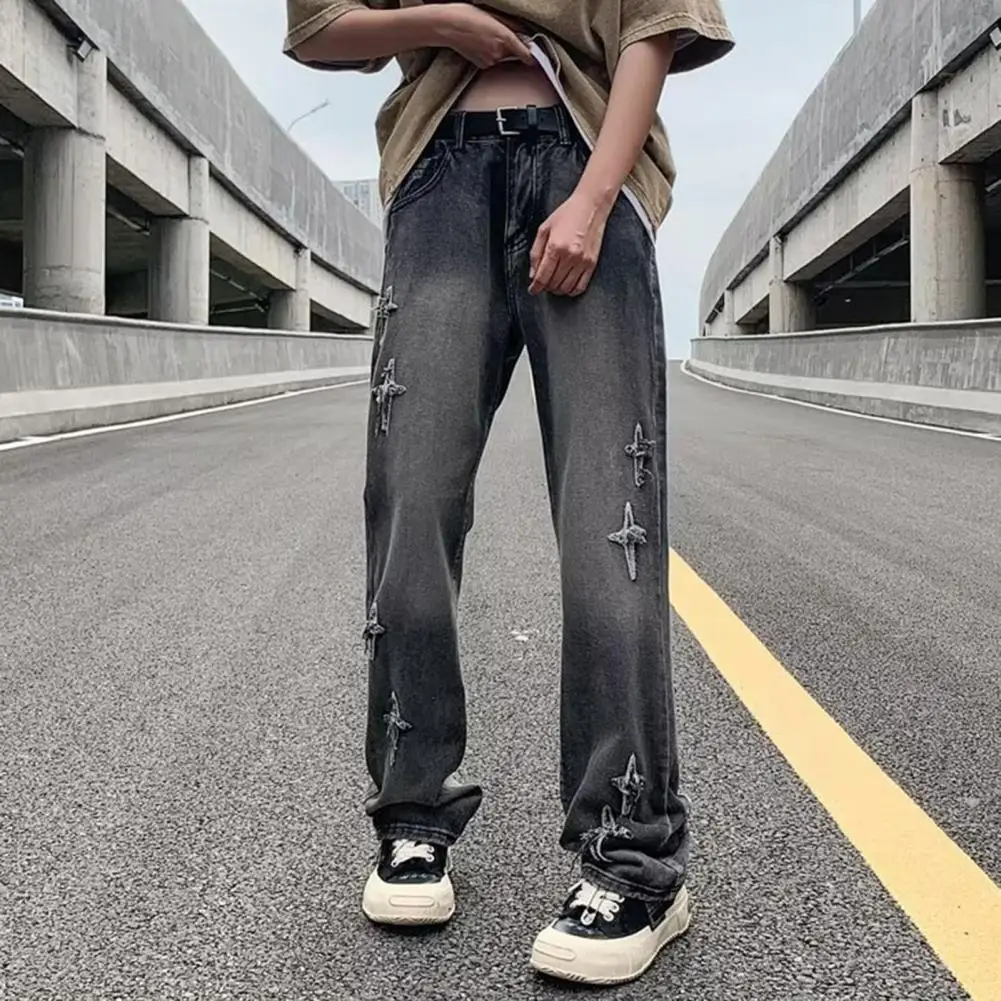 Jeans da uomo con giunture di colore sfumato pantaloni in Denim con giunture di colore sfumato da uomo con motivo invecchiato leggermente svasato per uomo