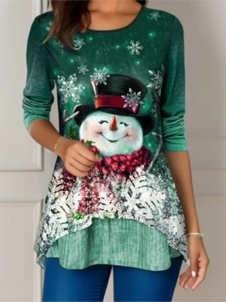 

Fashion Christmas Print Women Blouse Shirt O Neck Long Sleeve Irregular Hem Tops Festival Clothing Spring Shirts Plus Size