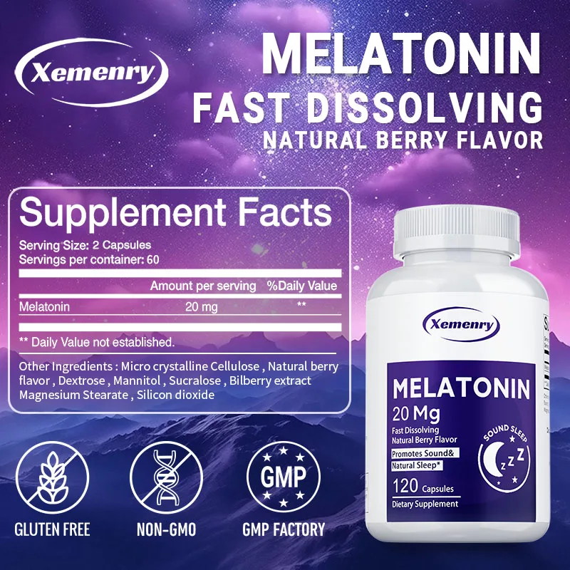 Melatonin Capsules 20mg - Natural Formula, No Habit, Deep Sleep, Permanent Sleep, Natural Sleep