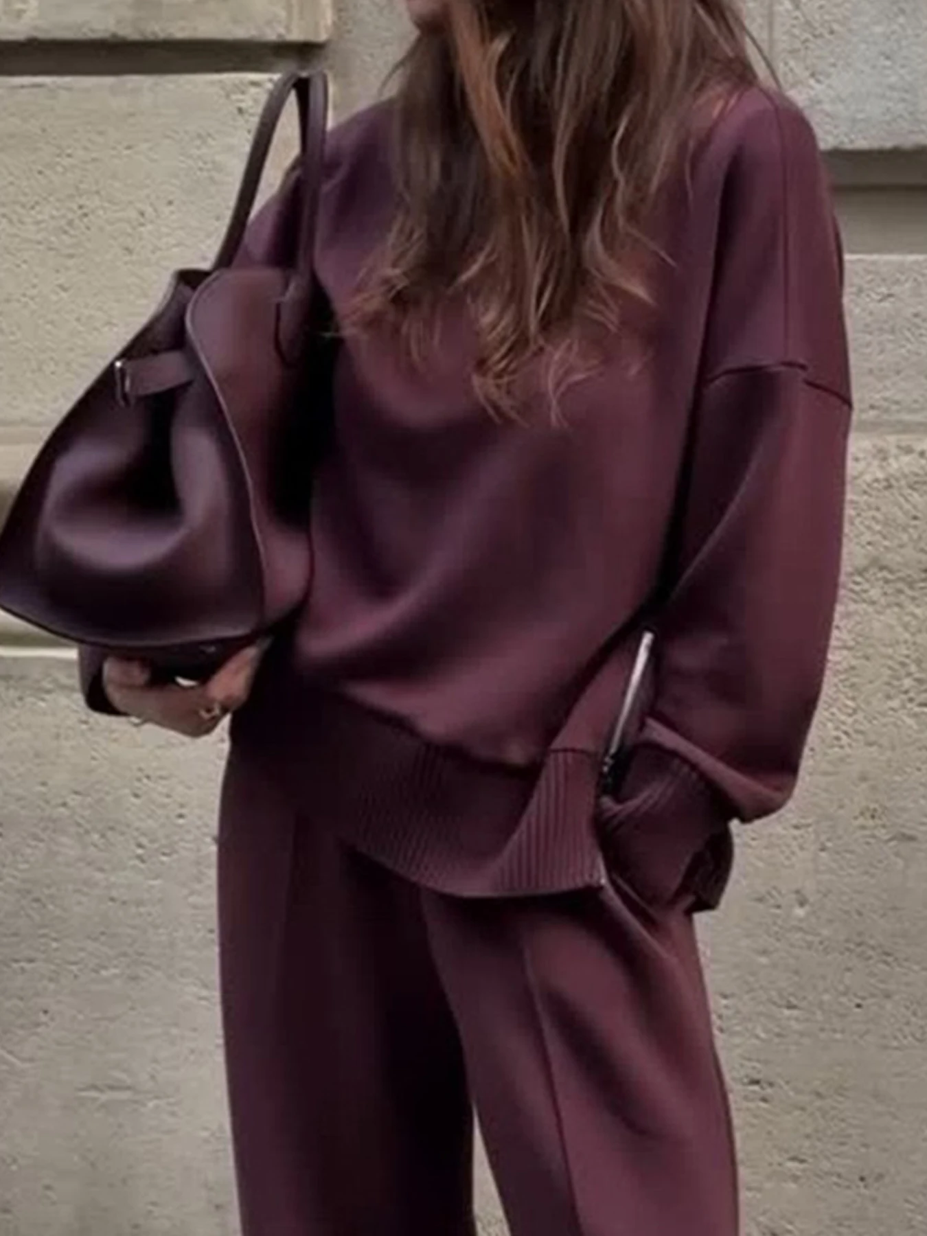 طقم نسائي جديد مكون من قطعتين من جلد الغزال، هوديي بأكمام طويلة وبنطال واسع الساق، مناسب لفصول الخريف والشتاء #5